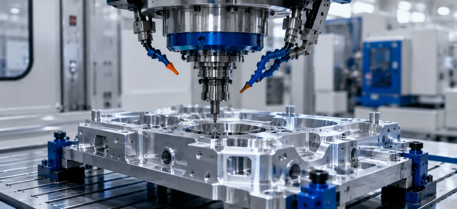 Five-axis CNC machining centre cutting a precision aluminium part at E-make