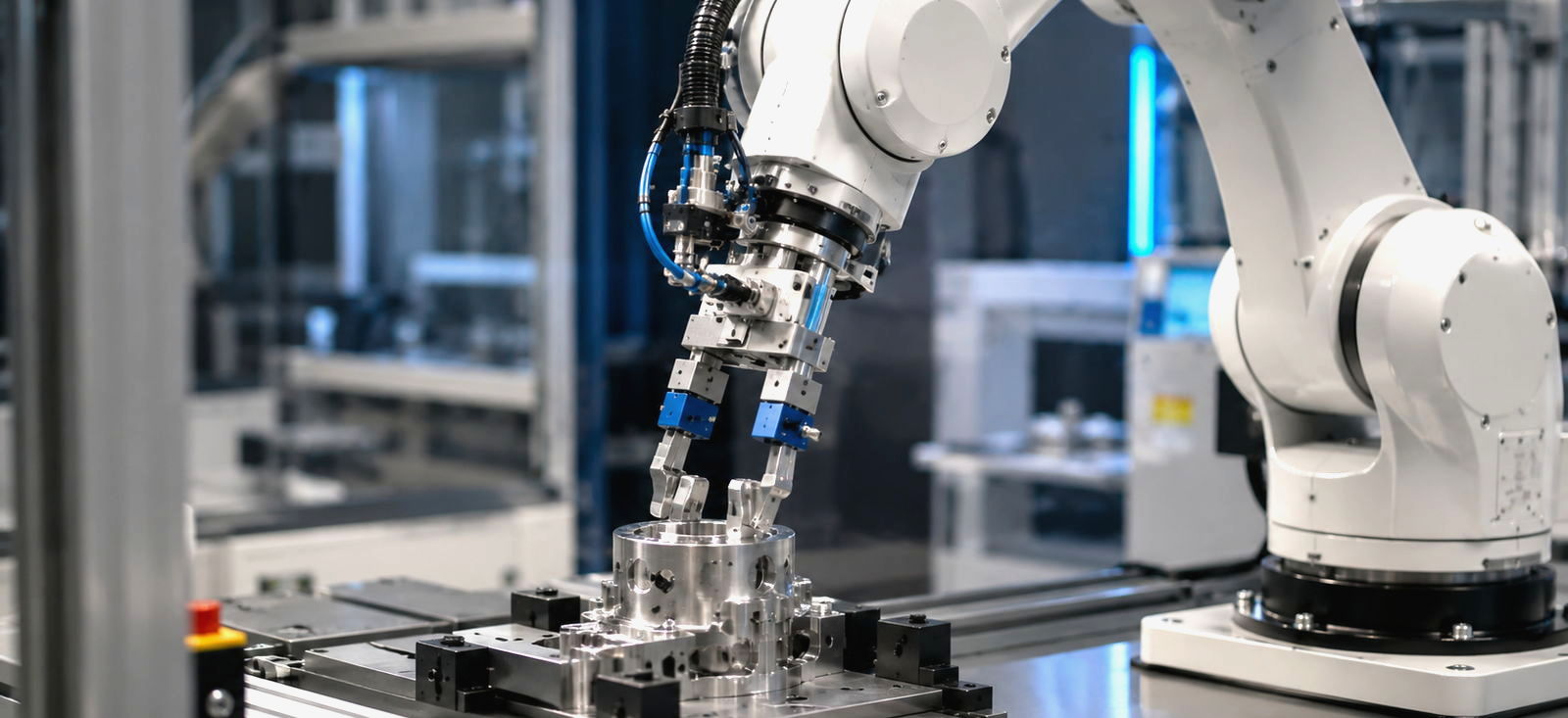 White six-axis robot arm handling a precision machined aluminium part