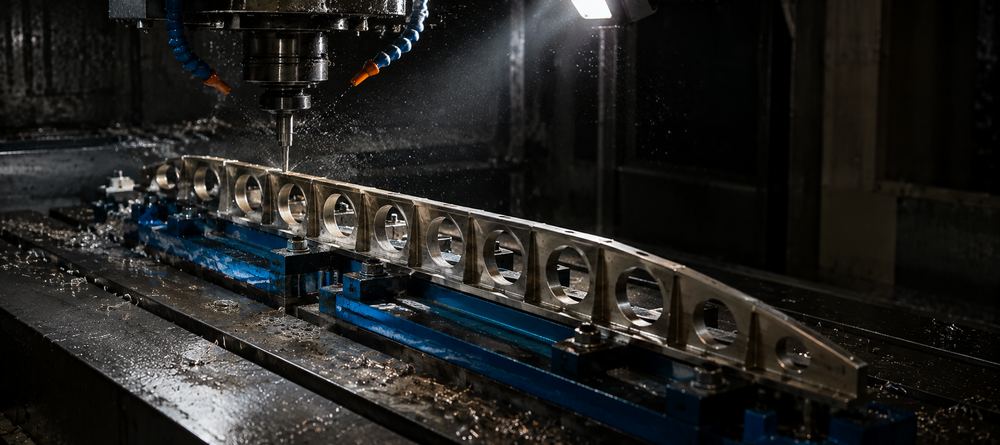 Titanium aerospace structural rib with lightening holes being machined on a five-axis CNC centre