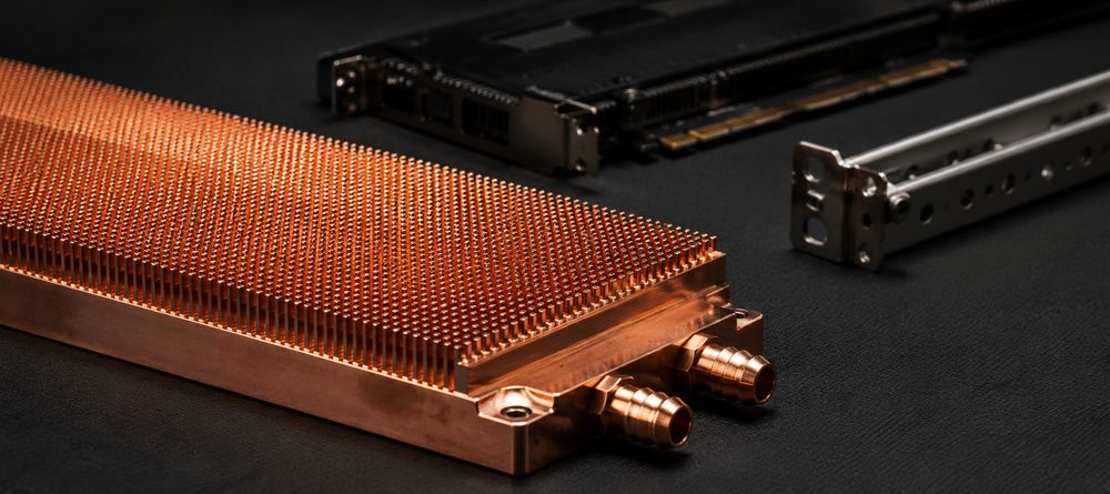 Machined copper liquid-cooling cold plate with a pin-fin array for a GPU server, with rack rail behind