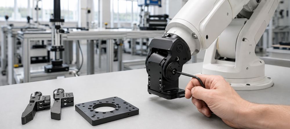 Hard anodised aluminium joint bracket being fitted to a six-axis robot arm, with gripper jaws and an end effector plate