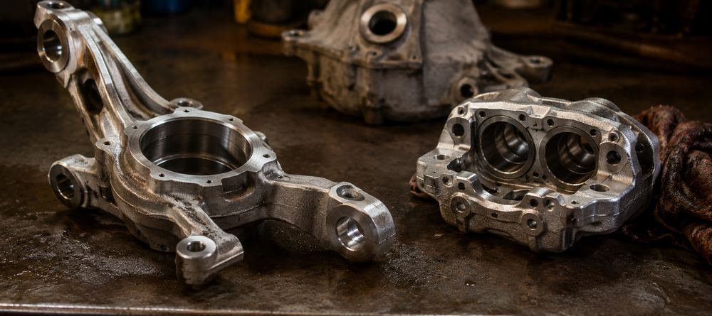 Machined aluminium suspension upright and brake caliper body beside an as-cast ADC12 housing