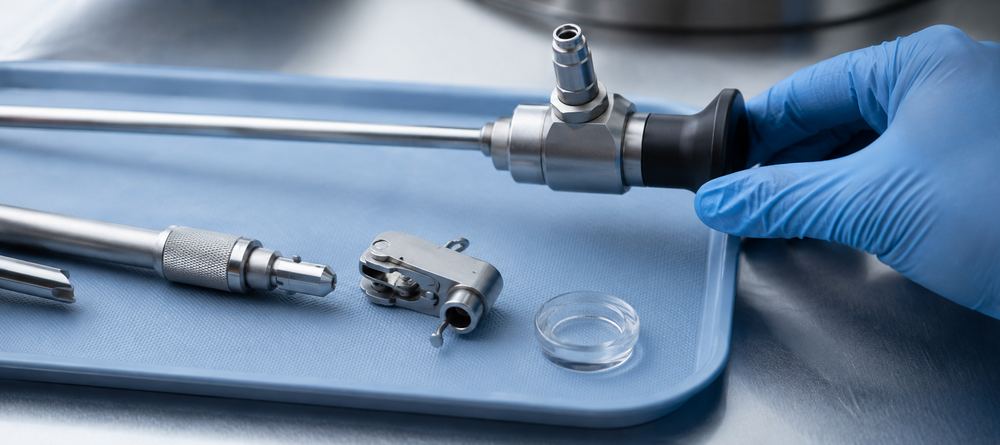 Rigid endoscope tube, surgical handpiece and instrument housing in 316L stainless steel on a medical tray